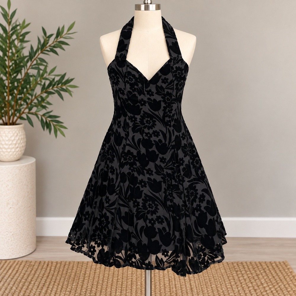 Vintage CD Collection Black Floral Flocked Halter Dress Open Back Whimsigoth M